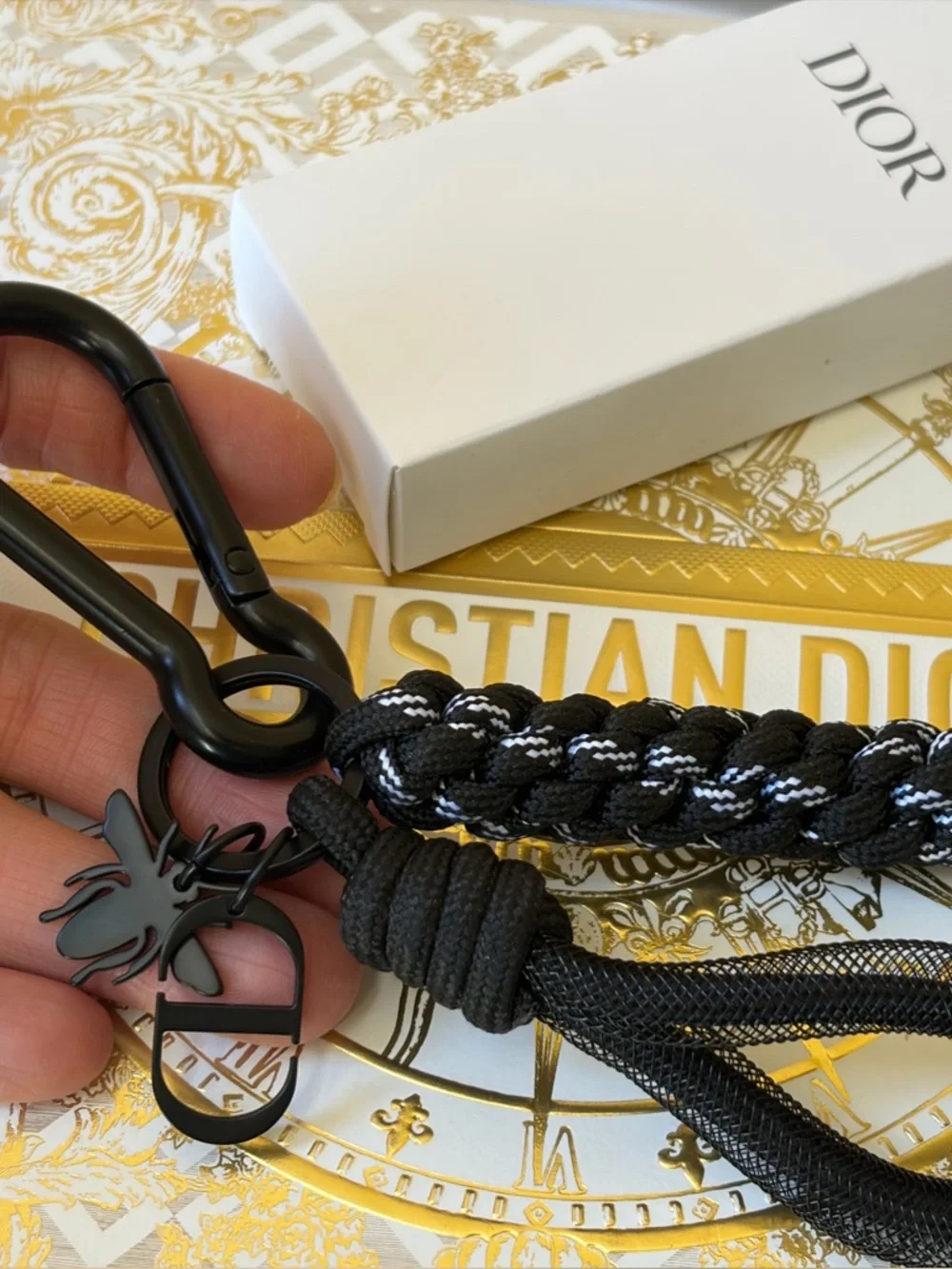 Dior KEY Ring keychain Black and White Braided Keychain 2x Charms CD & Bee